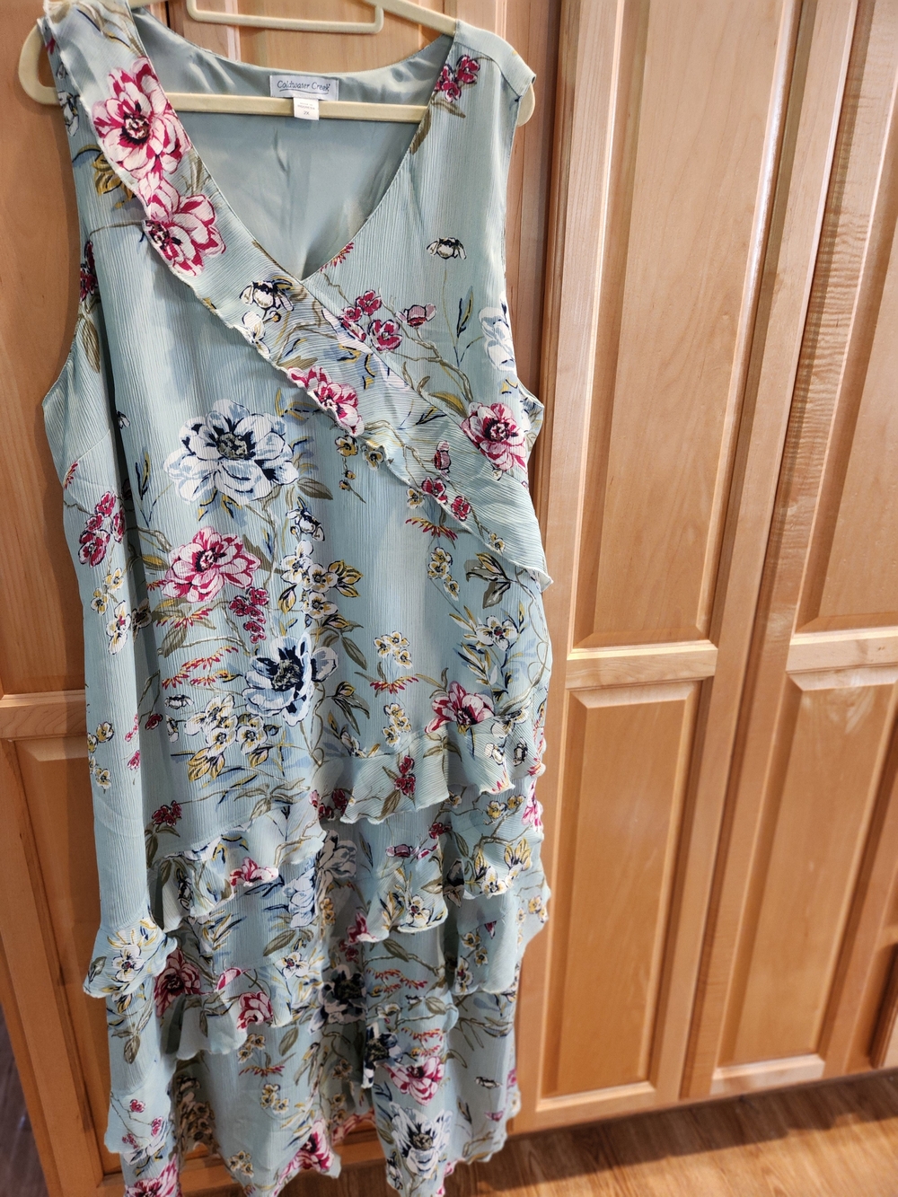 Coldwater Creek Light Green Floral Ruffle Midi Dress